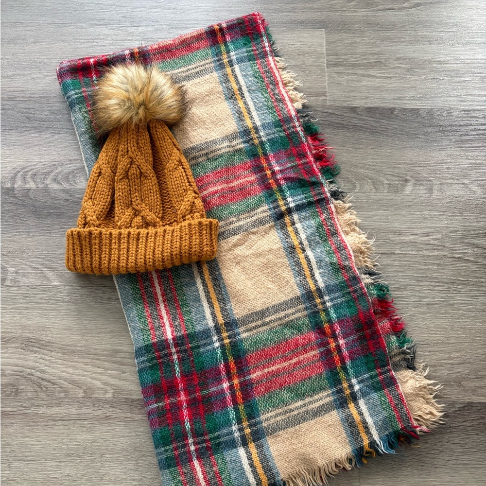 Garage Plaid Scarf and Mustard Knit Beanie Set